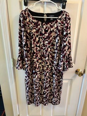 Liz Claiborne Burgundy and Cream Floral Long Sleeve Dress